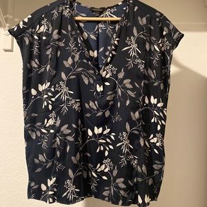 Navy/White Floral Print Banana Republic Silk Blouse, Size Large